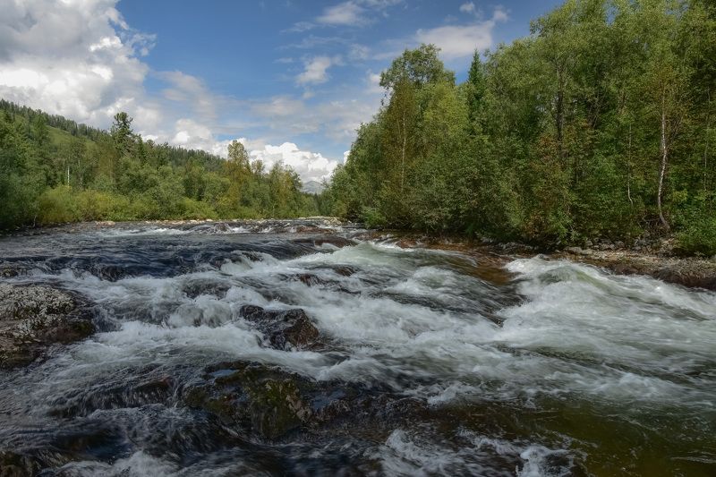 россия, хакасия, лето, порог, казыр, вода, деревья, лес Порог на Малом Казыреphoto preview