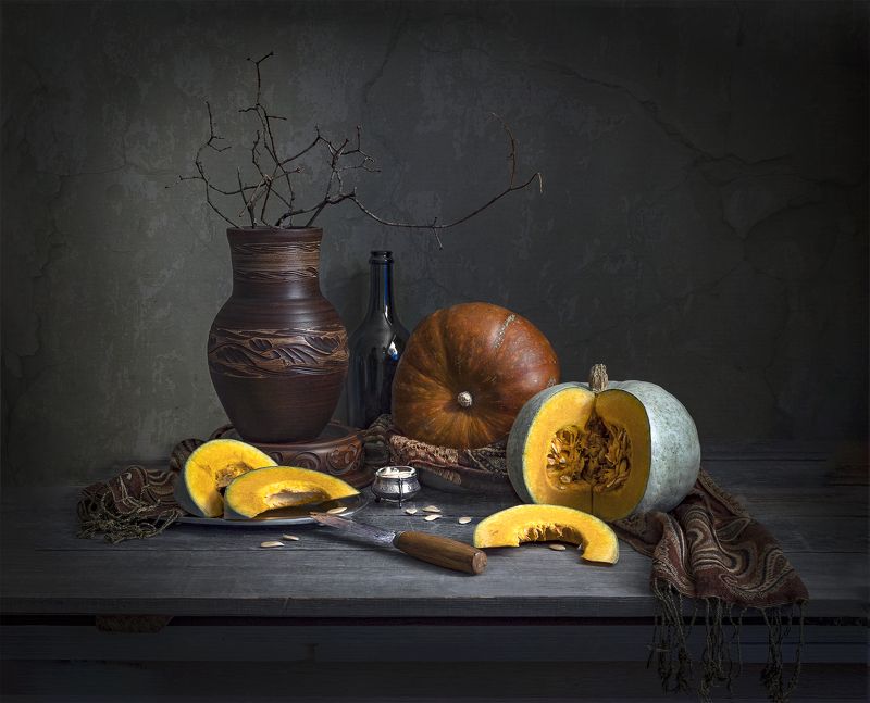 осень,тыква,крынка,драпировка,нож. С тыквойphoto preview