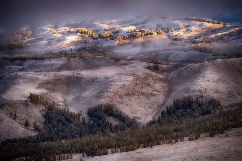 алтай горы лес утро пейзаж красивый снег иней предзимье Алтайская сказкаphoto preview