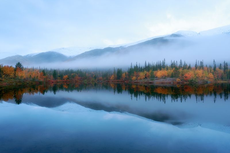 пейзаж хибины север озеро осень листва туман утро горы Утро в Хибинах фото превью