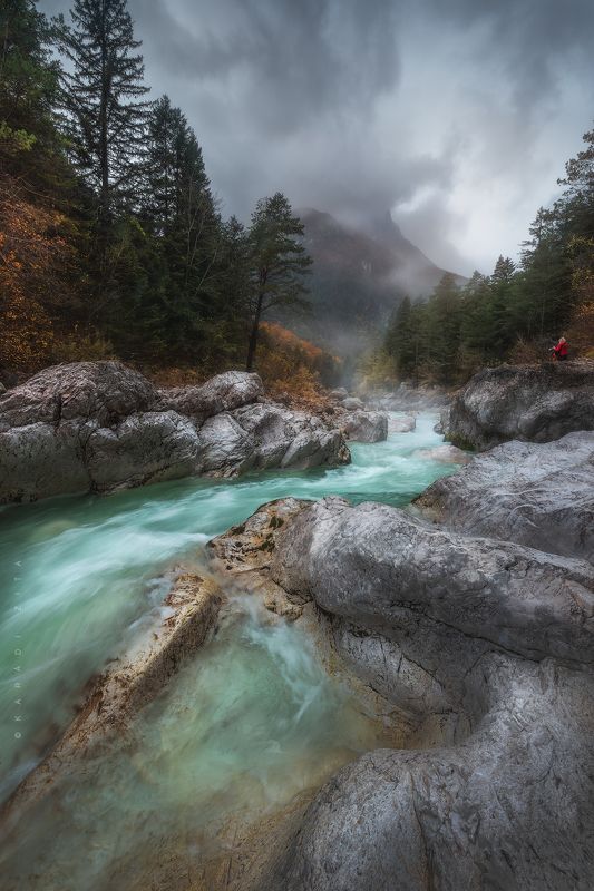 slovenia, longexpo, river, landscape,  sky, trees, mountains, mountainscape, foggy, rocks, Red Jacket On the Spotphoto preview