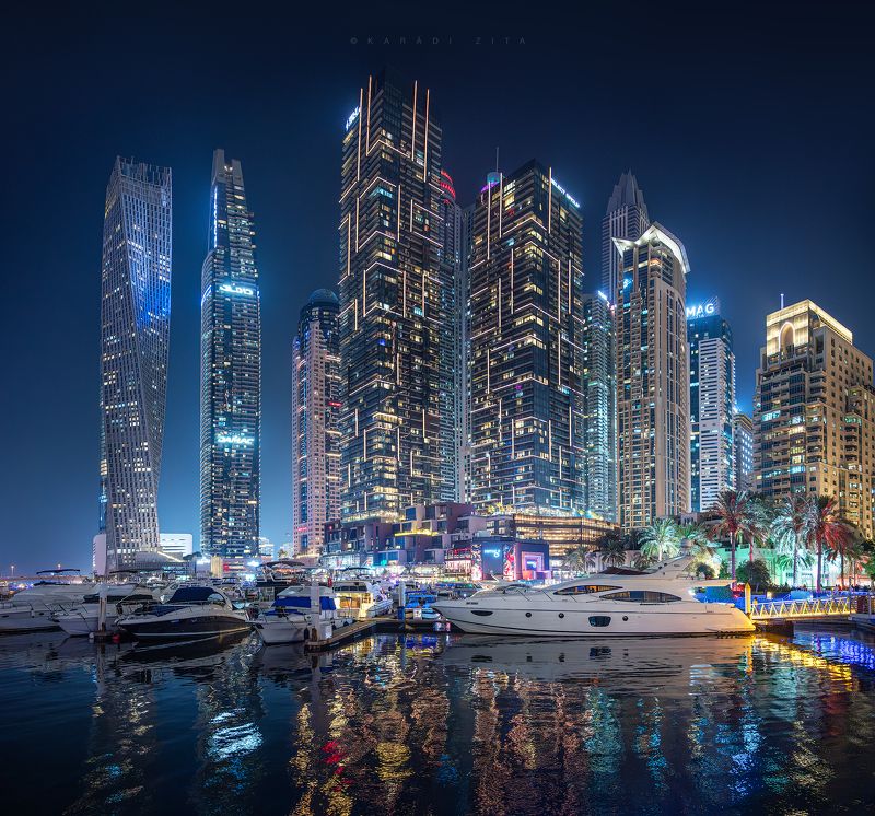 city, lights, urban landscape, urban, architecture, dubai, boats, skyscraper, skyline, marina, yachts, boats, longexpo, Symphony Of Lightsphoto preview