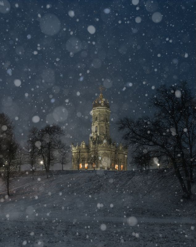 церковь, Подольск, Дубровицы, Церковь Знамения Пресвятой Богородицы, пейзаж, снегопад, природа Пришла зима фото превью