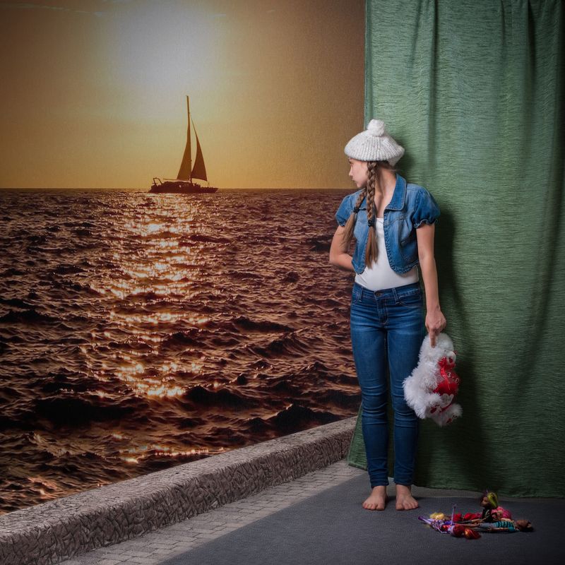 девочка, детство, игрушки, коллаж, море, океан, парусник, подросток 14 летphoto preview