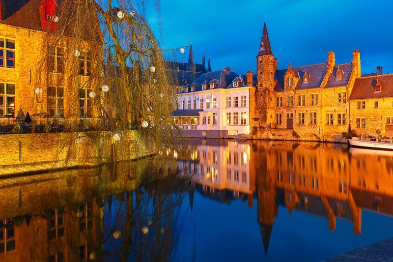 Rozenhoedkaai, Quay Rosary, Bruges, fairytale, Brugge, tower, landmark, cityscape, night, medieval, Belgium, belgian, Europe, European, Benelux, flanders, Flemish, gothic, river, water, canal, illuminated, West Flanders, tourism, travel, scenic, reflectio Брюггеphoto preview