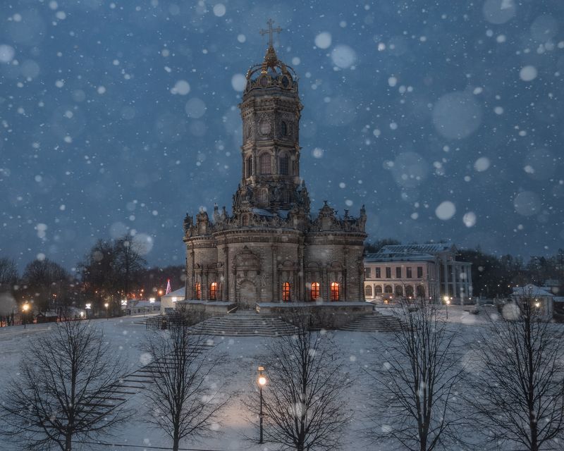пейзаж, зима, снег, снежный день, Подольск, Московская область, церковь Знаменская церковь (Дубровицы) фото превью