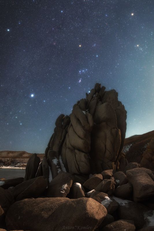 ночь, приморье, орион, зима, море, скалы, звезды Сердце Орионаphoto preview