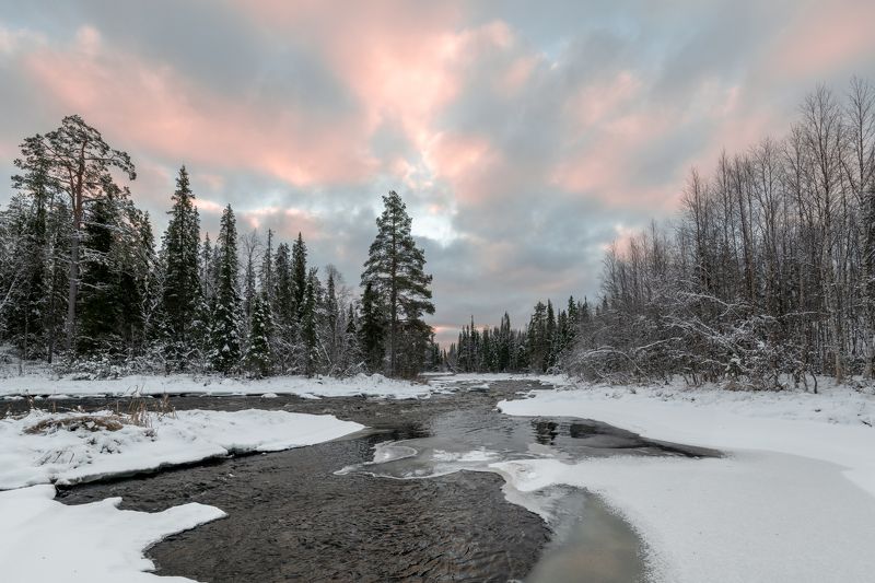 Кольский, река, зима, закат, лес, берега, небо Краски Севераphoto preview