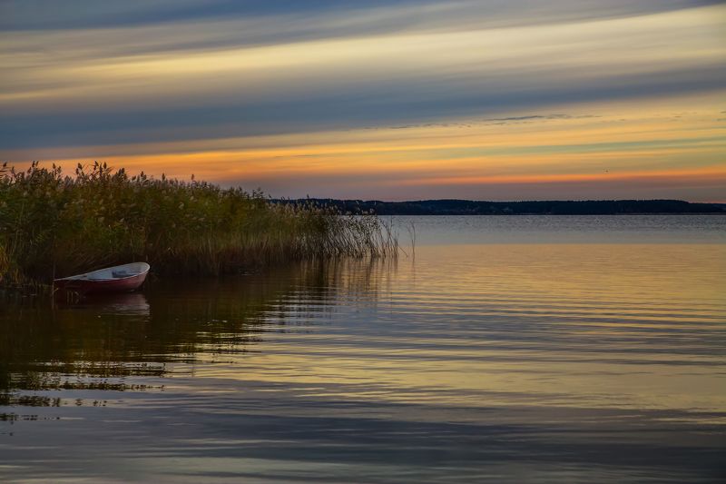 озеро, пейзаж, облака, отражение, утро, осень Полосы фото превью