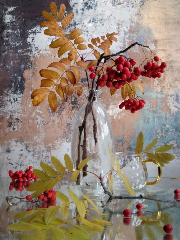 ветки, рябина, стекло, осень Акварелька с рябинойphoto preview