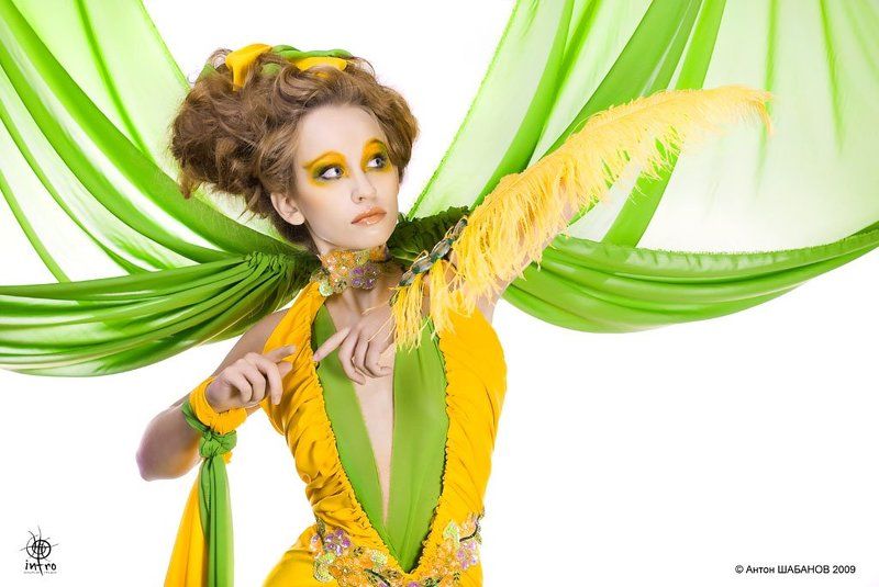 желтое, зеленое, ткань, перья, стразы Зеленое и желтоеphoto preview