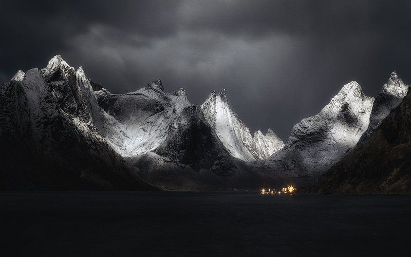 lofoten, norway, snow, winter, fjord, village, night,  At the gates of Moriaphoto preview