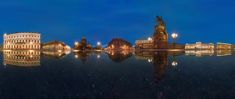 Городской пейзаж, Исаакиевская площадь, Исаакиевский собор, Лето, Отражение, Панорама, Санкт петербург, Утро Панорама Исаакиевской площади фото превью