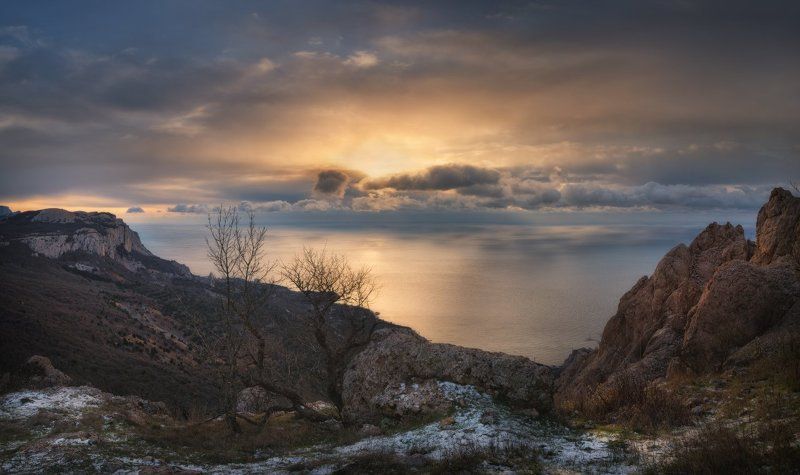 Горный Крым, Горы, Зима, Крым, Панорама, Пейзаж, Рассвет, Черное море Рассвет в горах над Ласпиphoto preview