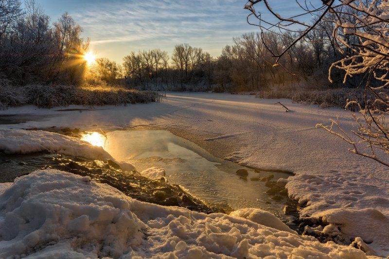 рассвет, ерик, речка, лед, зима, снег На рассветеphoto preview