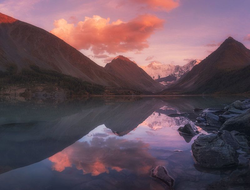 закат, белуха, горы Белуха в отражениях Аккемского озераphoto preview