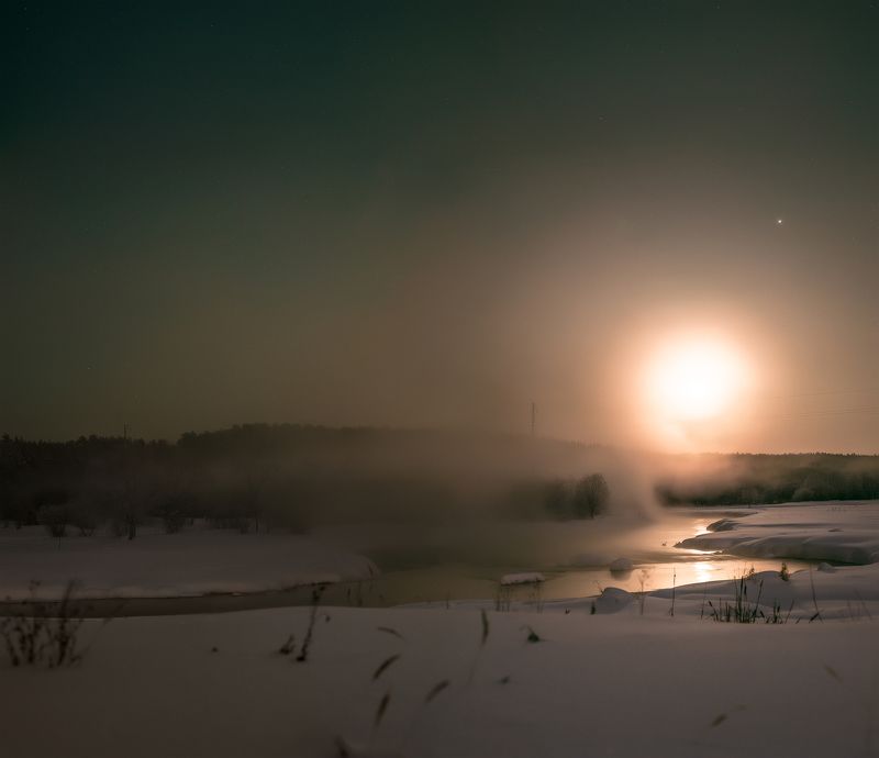 луна, ночь, пейзаж, река, туман восход луныphoto preview