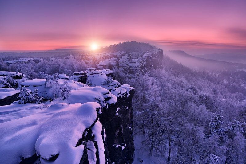 Czech republic, Ore mountains,  Elbe Sandstone,  Elbe Sandstone Mountains, travel, beautiful place, frost, frosty morning, snow, sun, sunrise, valley, tissa, fog, mist, trees, winter  Frosty morningphoto preview
