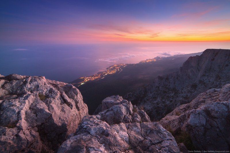 пейзаж, горы, скалы, закат, солнце, небо, облака, сумерки, вечер, крым, ай-петри, туман Закат на Ай-Петриphoto preview