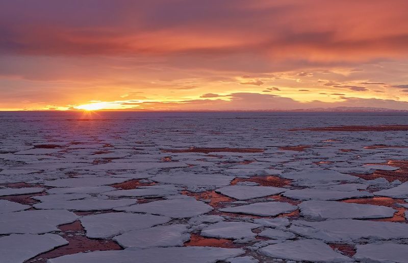 охотское море, льды, алый рассвет, утро, весна Алый рассвет в Охотском море фото превью