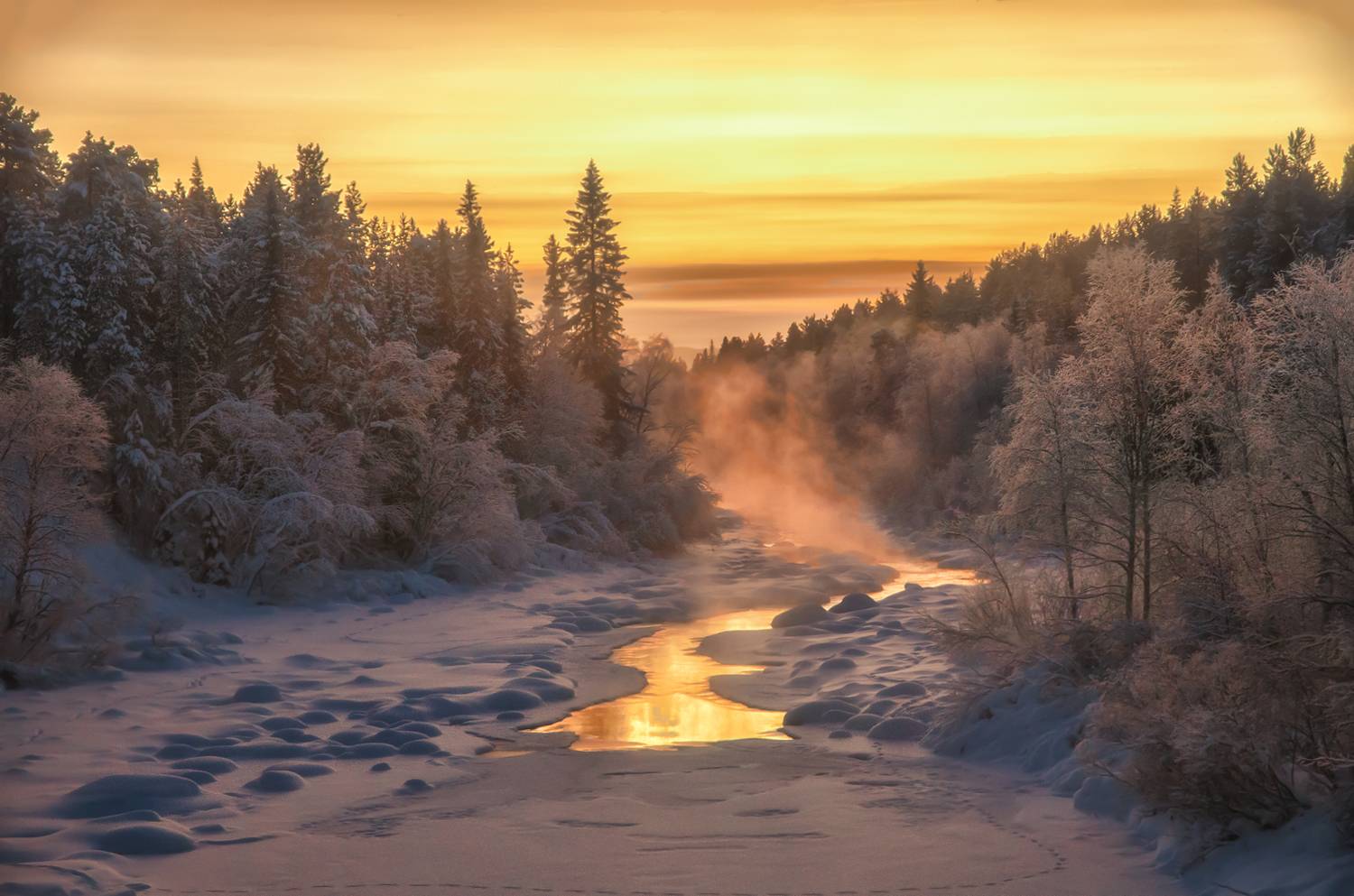 ***. Автор: Тихонов Сергей кольский, зима, р.куреньга, закат, Тихонов Сергей