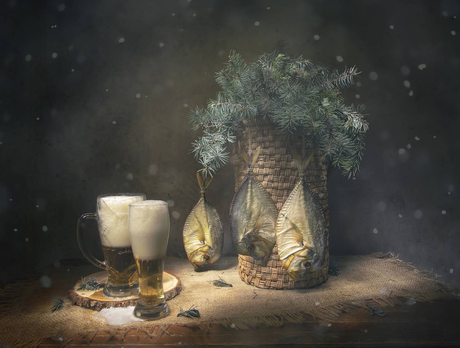 натюрморт, ель, рыба, пиво, Татьяна Феденкова