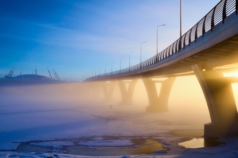 санкт-петербург, зима, закат, мост, яхтенный мост, зимняя рыбалка, нева, солнечный луч, Зимний лучphoto preview
