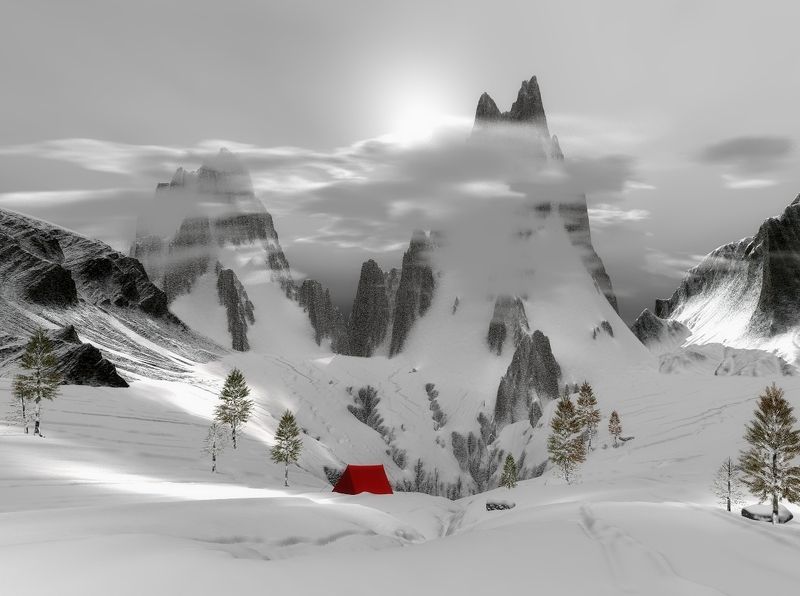 пейзаж, природа, зима, горы, солнце, небо, облака, светотени, палатка Привалphoto preview