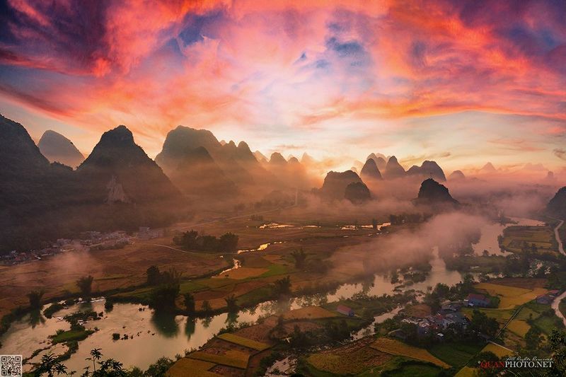quanphoto, landscape, morning, sunlight, mountains, valley, river, farmland, agriculture, rural, vietnam Purple Dawnphoto preview