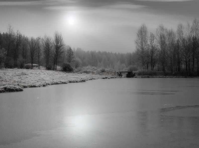 пейзаж, природа, осень, лес, пруд, лед, мостик, беседка, небо, солнце, облака Осенние зарисовки VIphoto preview