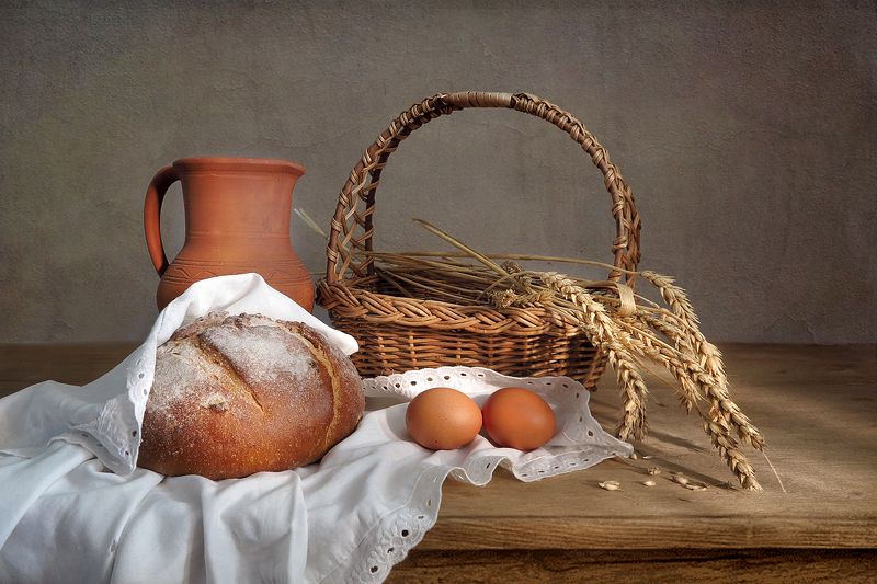натюрморт,хлеб,корзина,колоски,кувшин,яйца Хлеб и колоскиphoto preview