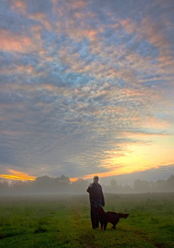 природа лето утро рассвет туман поле облака На рассветеphoto preview