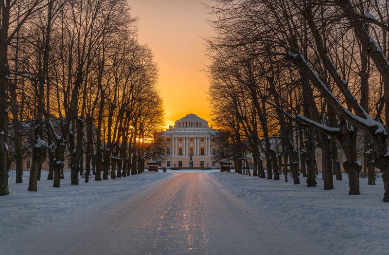 ленинградская область, деревья, солнце, зима, мороз, закат, солнце, павловск, парк, дорога, дом, здание, архитектура, в парке, снег, Парк Павловск в морозный закатphoto preview