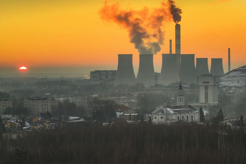 Horizontal, Smoke, Industry, Factory, Smog, Chimney, Powerstation, Łaziska, Poland, Silesia, Sunset, Landscape Sunset in Silesia фото превью