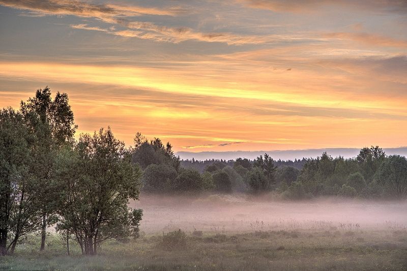 природа пейзаж лето заря восход рассвет туман облака дымка солнце подмосковье Палитра утренней зариphoto preview