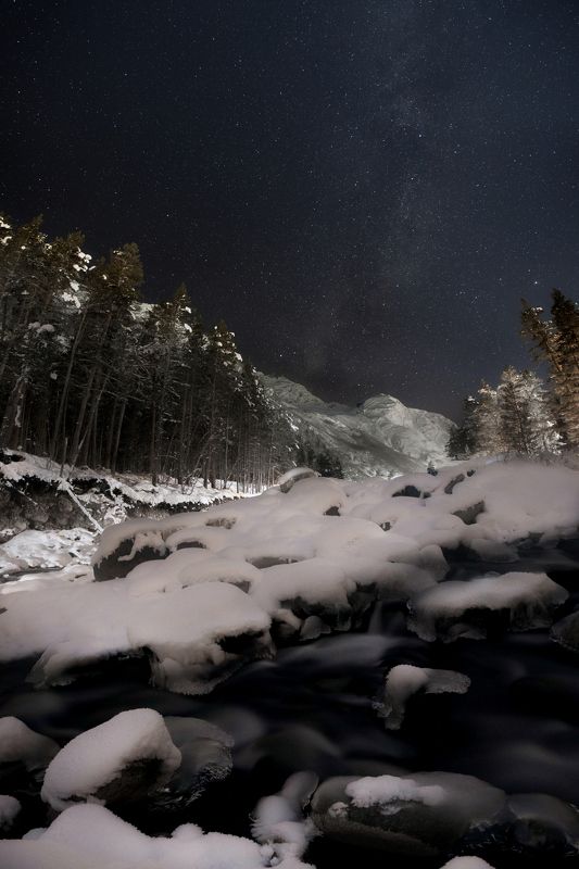 Ночь, горы, звезды, млечный путь, ночной пейзаж, астрофотография, кавказ, Приэльбрусье, река, зима Ночными тропамиphoto preview