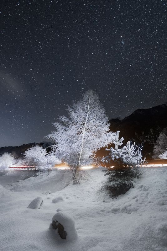 Ночь, горы, звезды, млечный путь, ночной пейзаж, астрофотография, кавказ, Приэльбрусье, деревья, зима Морозная ночьphoto preview