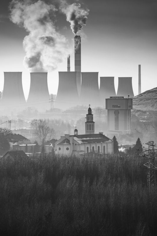 Building, Photography, Architecture, Industry, Chimneys, Powerstation, Łaziska  Poland, Silesia, Black&white In the shadow of the chimneys фото превью