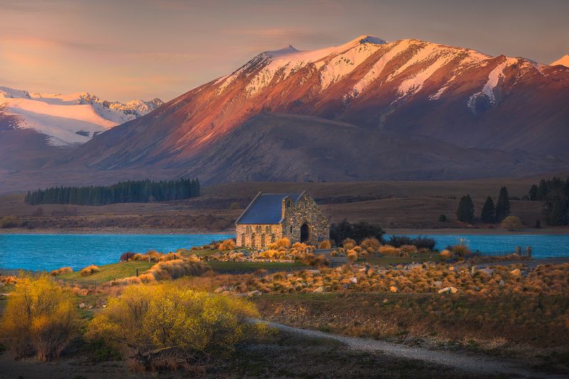 Landscape, outdoors, travel, sunset, new zealand, lake tekapo The Church photo preview