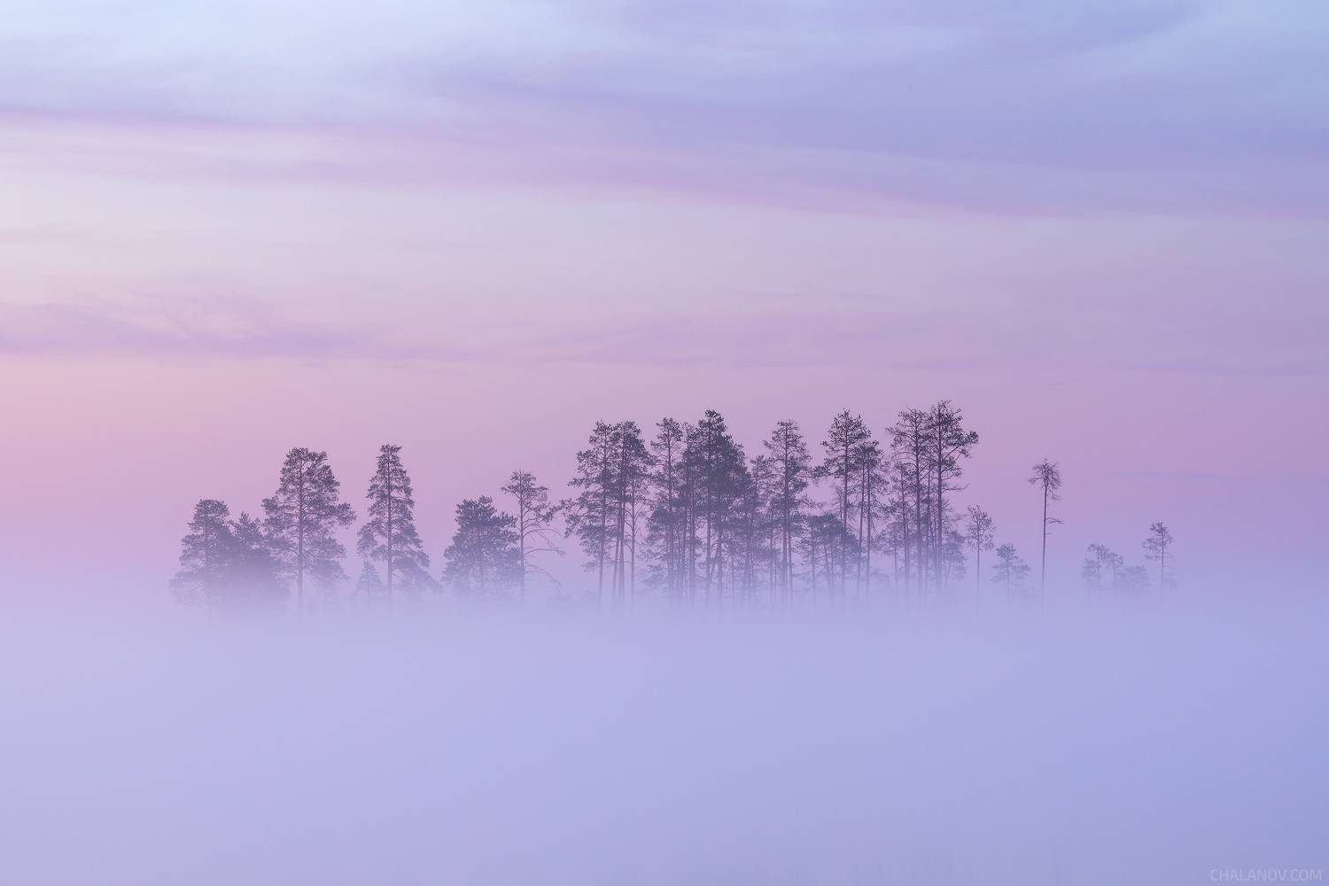 пейзаж, рассвет, озеро, туман, облака, Иван Чаланов