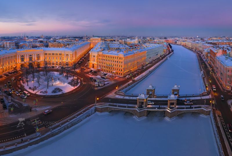 санкт-петербург, зима, зимние, вечер, сумерки, закат, архитектура, здание, река фонтанка, исторический центр, город, городское, дома, огни, освещения, ночное, синие, жёлтое, мост ломоносова, площадь ломоносова, Мост Ломоносоваphoto preview