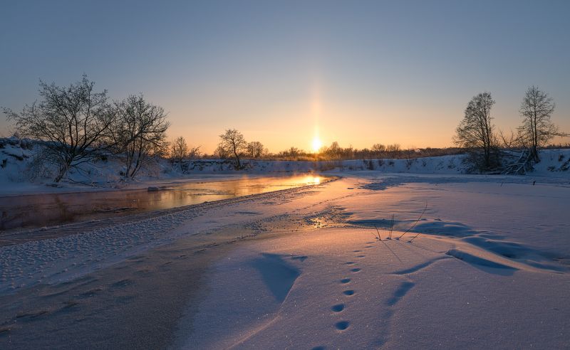 зима, вечер, закат, река, солнце, снег, свет, отражение морозный вечерphoto preview