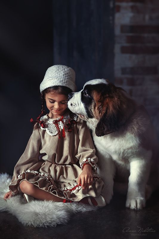 девочка, собака, винтаж Нежностьphoto preview