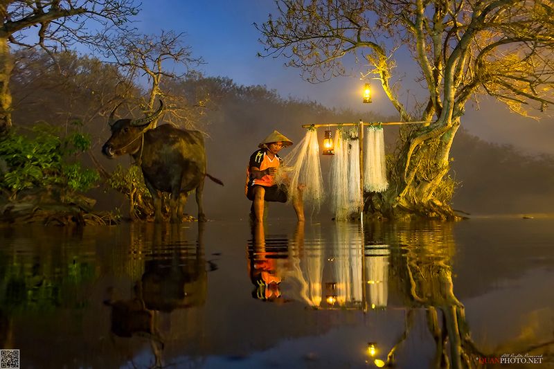 quanphoto, landscape, morning, sunlight, rays, reflection, fishing, fisherman, forest, rural, lagoon, vietnam Weaving Fishing Netphoto preview