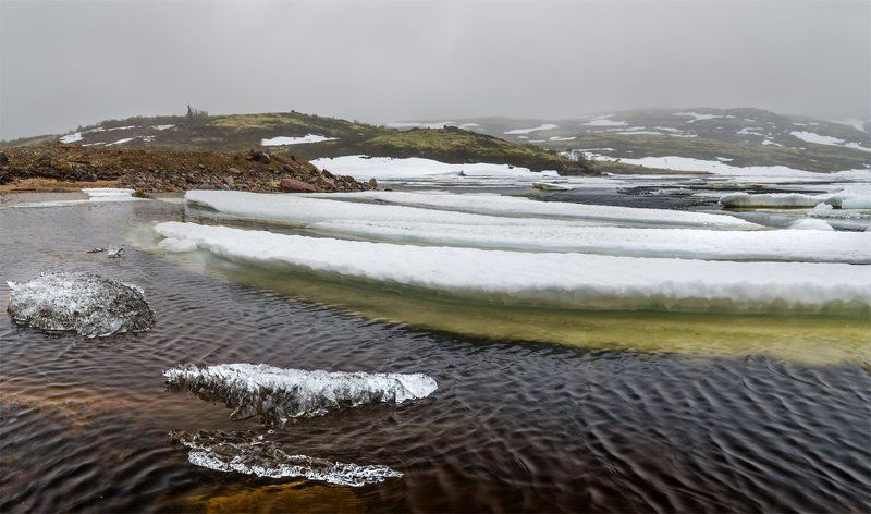 природа, пейзаж, кольский, север, лето, панорама, озеро,  снег, лед, туман, озеро Лапъяврphoto preview