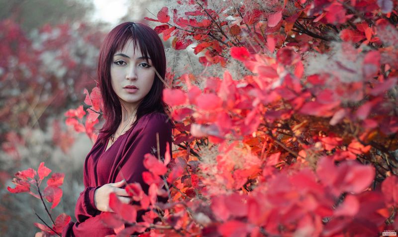girl, red, portret, hair, leaf, beautiful Евгенияphoto preview