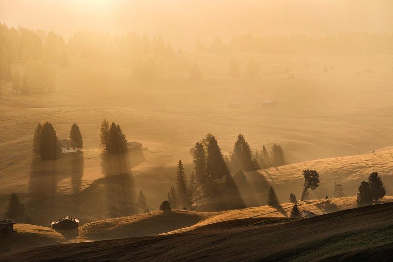 Italy, Dolomites, autumn, autumn landscape, sun, rays, alpe di siusi, mountains, beautiful place, travel, mist, fog, meadows, Südtirol, alps Dolomitesphoto preview