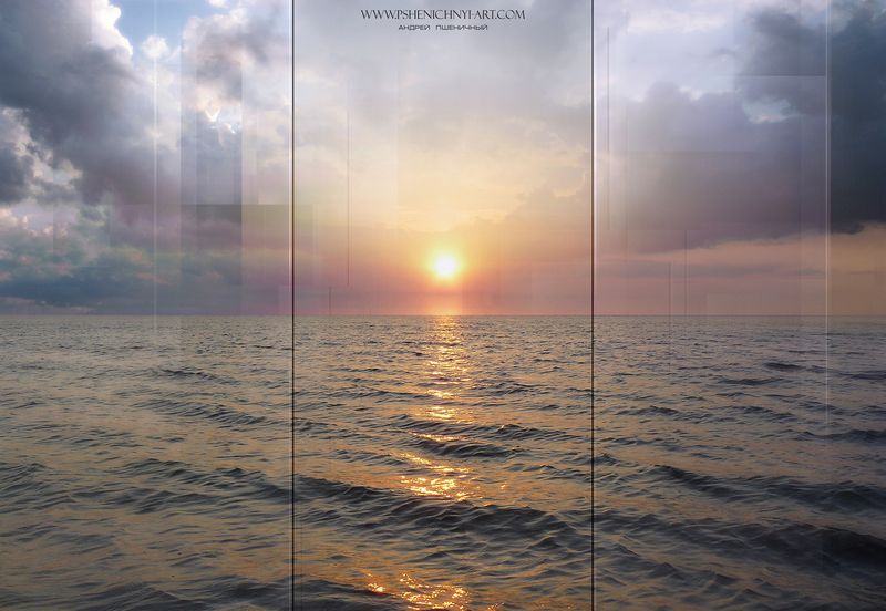 панорама, закат, небо, облака, водная гладь, пейзаж, горизонт, концепция, минимализм, бесконечность Провожая закатphoto preview