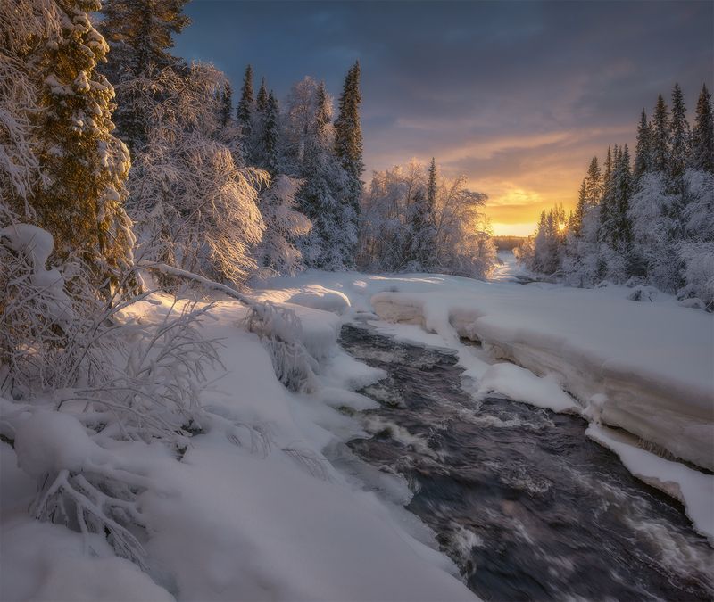 вечер, кольский, снег, река, тучи, освещение, сказка Сказка вечернего света фото превью