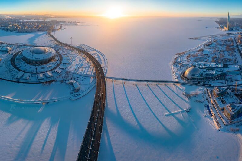 санкт-петербург, зима, зимние, архитектура, здание, город, городское, мост, дорога, закат, вечер, солнце, тени, газпром арена, зсд, трасса, финский залив, Тениphoto preview